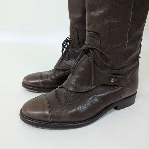Massimo Dutti Brown Leather Riding Boots Lace Up Knee High Round Toe - Picture 7 of 16